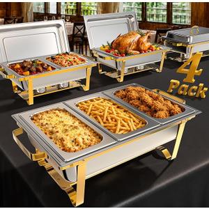 Amhier Chafing Dishes for Buffet, 4 Pack 9QT Chafing Dishes with 7 Multi-Size Food Pans, Stainless Steel Chafers and Buffet Warmers Sets for Partires and Weddings, Gold