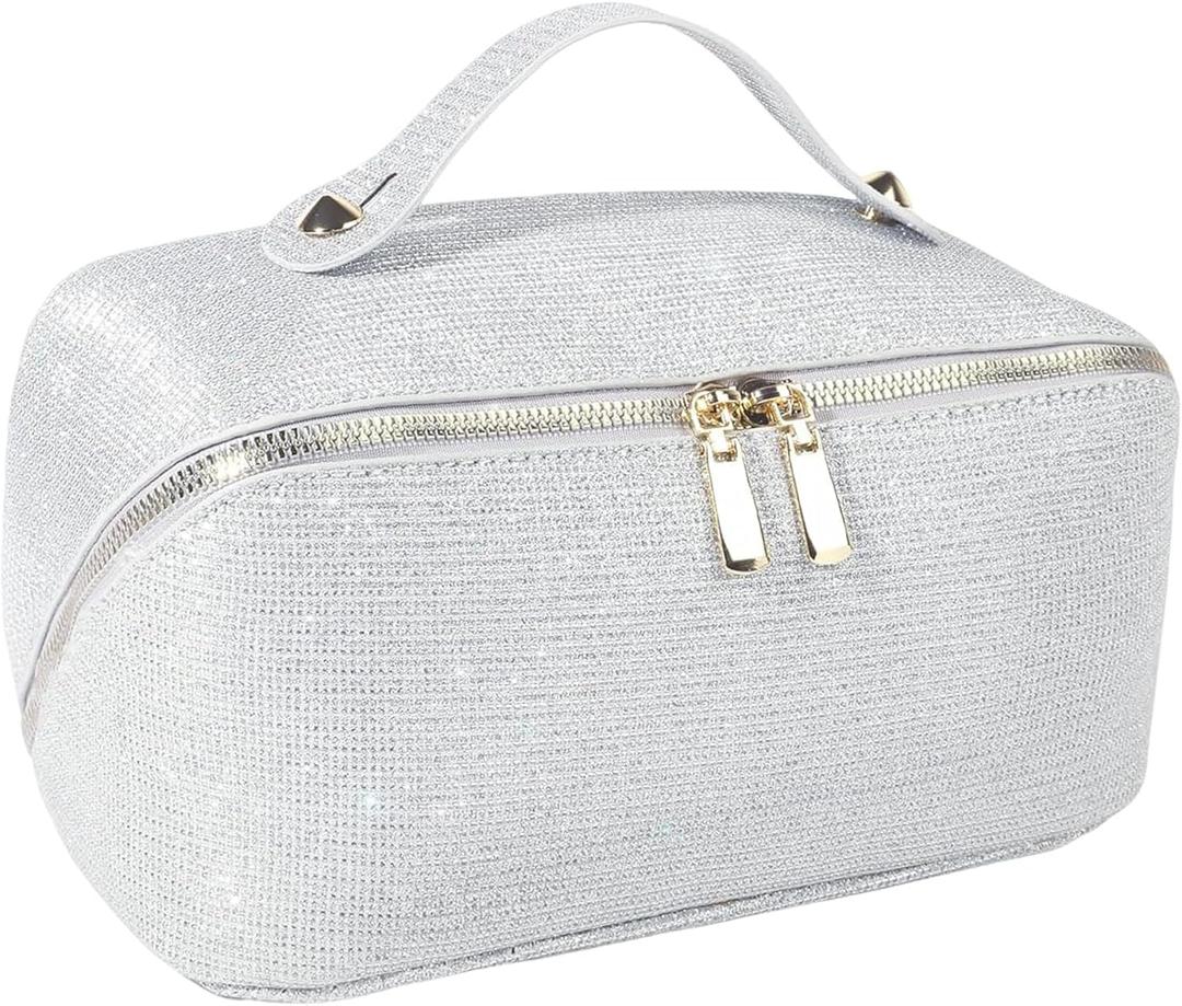 Makeup Bag for Women Travel Cosmetic Bag Toiletry Oraganizer Case Bag Travel Essentials Portable Pouch with Waterproof Large Capacity PU Leather Lining (Grey)