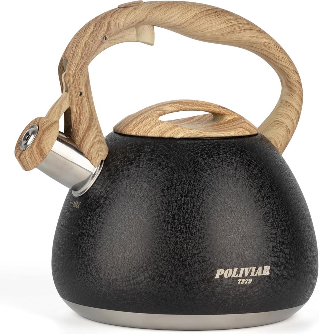 POLIVIAR Tea Kettle, 2.7 Quart Stovetop Tea Kettle, Audible Whistling Teapot with Crackle Finish, Food Grade Stainless Steel for Anti-Rust, Anti Hot Handle, Suitable for All Heat Sources (JX2023-LRB)