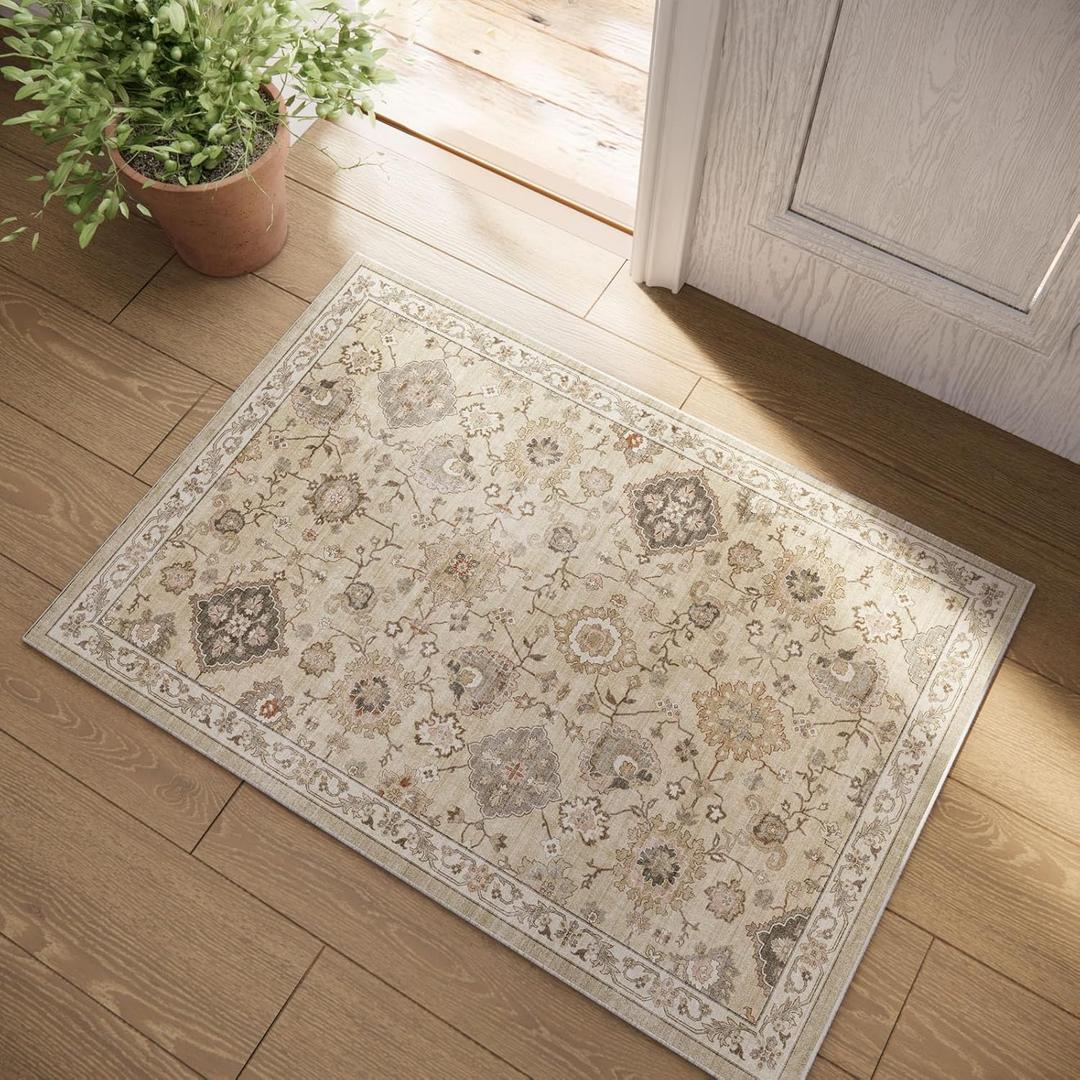 Machine Washable Boho Rugs for Entryway: Door Mat Indoor Entrance 2x3 Small Throw Rug Stain Resistant Non-Slip Low Pile Soft Carpet for Kitchen Front Door Indoor Entrance Entry Bedroom (Beige and Cream)
