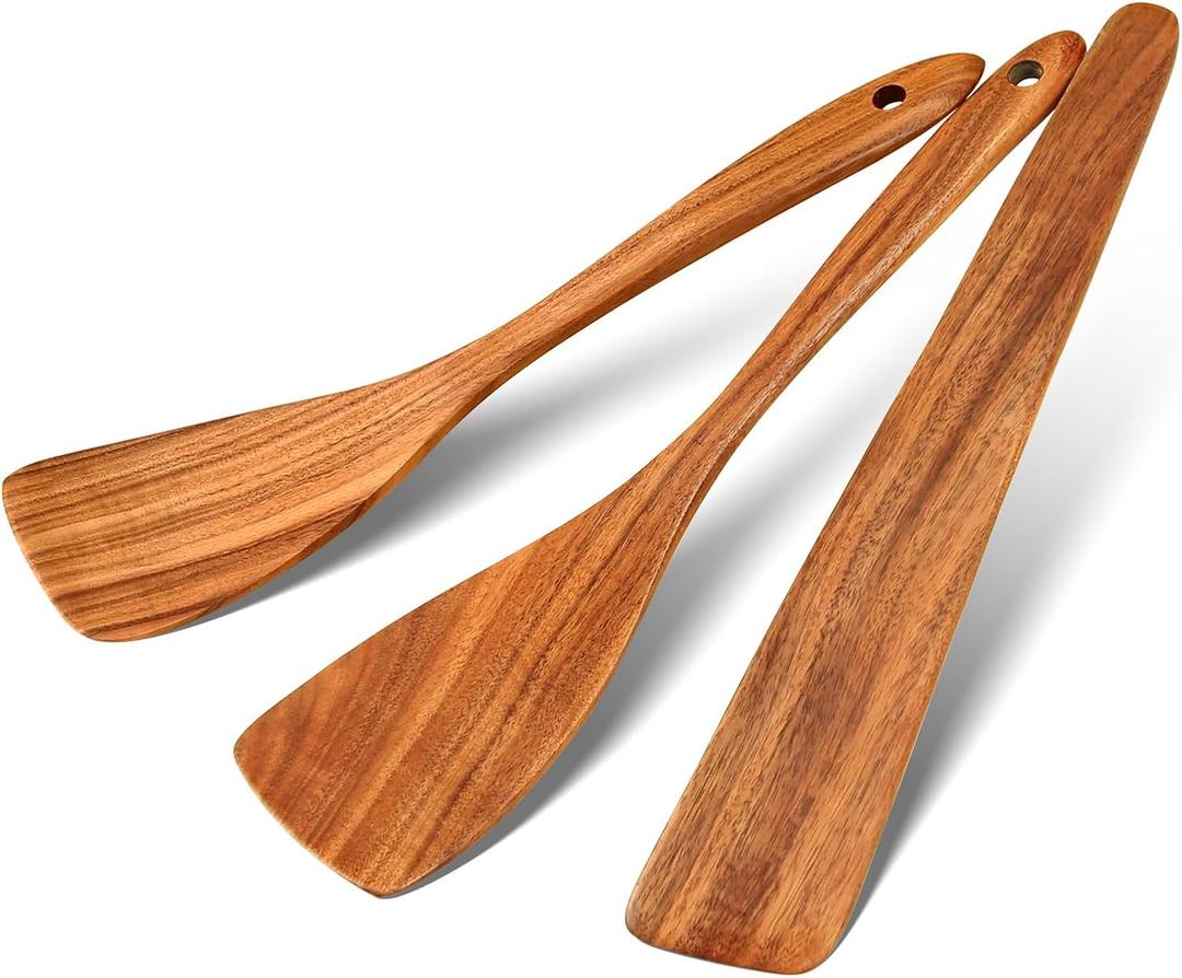 3Pcs Wood Spatulas for Cooking, Natural Teak Wooden Utensil Set - Flat Spatula Turner, Wood Spatula for Right Hand, Wooden Scraper Flipper, Non Toxic Heat Resistant kitchen essentials for Home