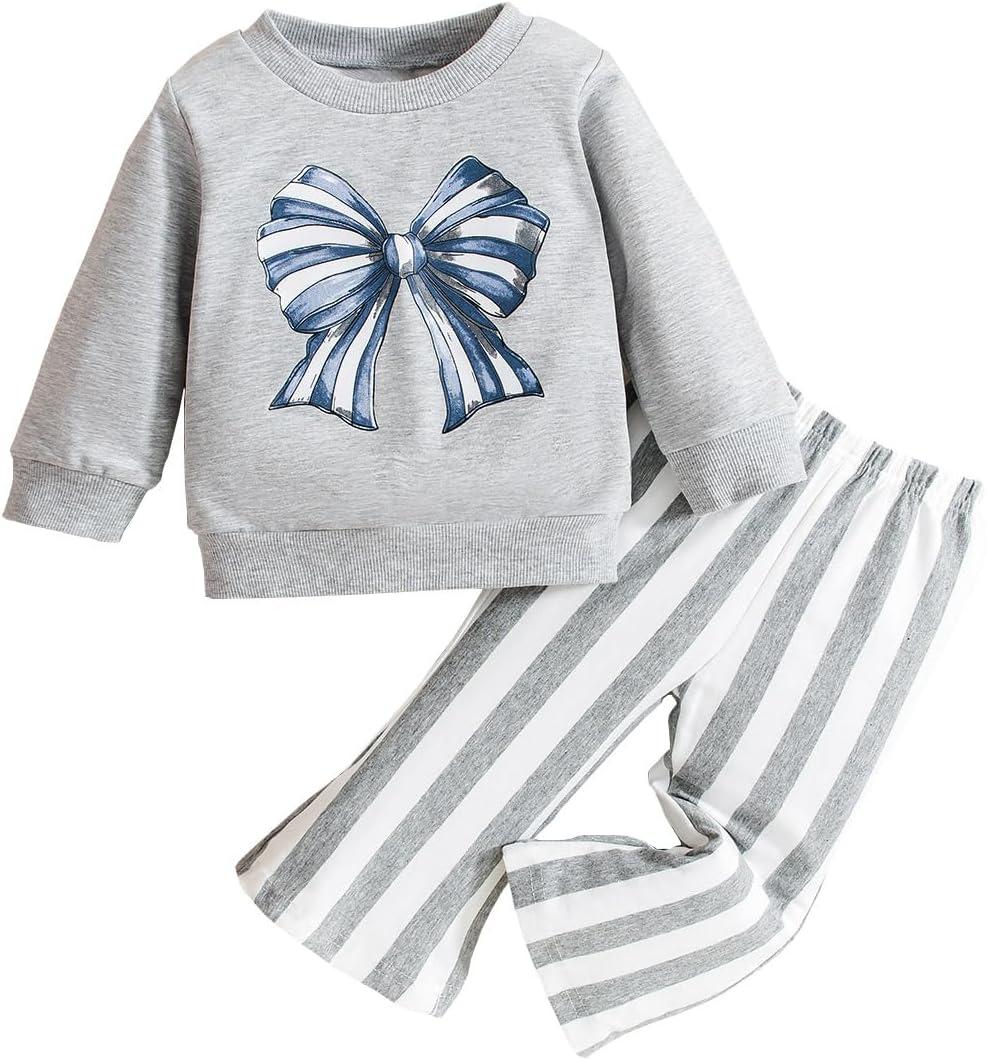 Baby Girl Clothes Long Sleeve Fall Outfits Toddler Sweatsuit Striped Flare Pants (Gray)