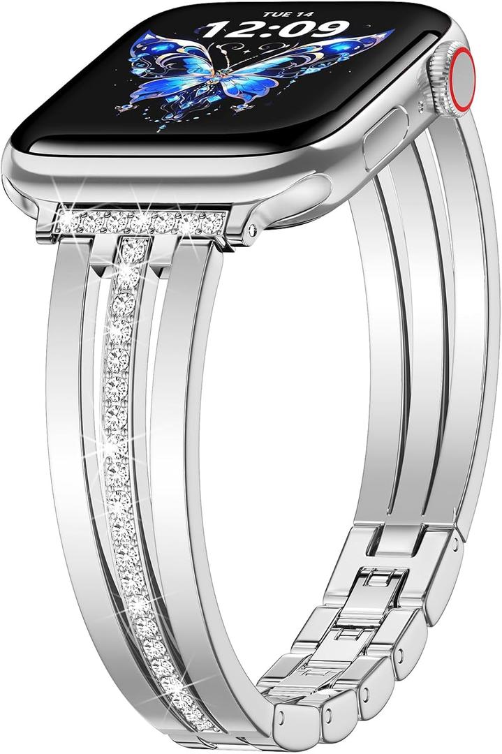 KOREDA Slim Gold Band Compatible for Apple Watch Band 38mm 40mm 41mm 42mm 44mm 45mm 46mm 49mm Series 11 10 9 8 7 SE Ultra Women, Thin Metal Dressy Jewelry Bracelet with Bling Diamond for iWatch Series 6/5/4/3/2/1 (Silver)