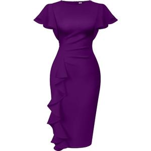 Memoriesea Women's Vintage Church Ruffle Sleeve Ruched Bodycon Work Midi Pencil Dress, S