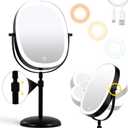 9'' Lighted Makeup Mirror with 1x/7x Magnification, Height Adjustable Vanity Mirror, 3 Color Lights Lighted Makeup Mirror with Magnification, Rechargeable 360 Swivel Double Sided Mirror, Black (16"L x 8.5"W, Black-oval)