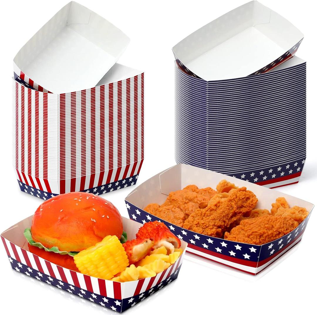 Funrous 100 Pieces 4th of July Paper Food Trays Patriotic 250th Anniversary Serving Paper Boats Independence Day Star and Stripes Disposable Serving Food Trays for American Flag Memorial Day Decor