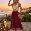 Flowy Pleated Business Skirts High Waist Elegant Skirt 2601 Burgundy M (Red)