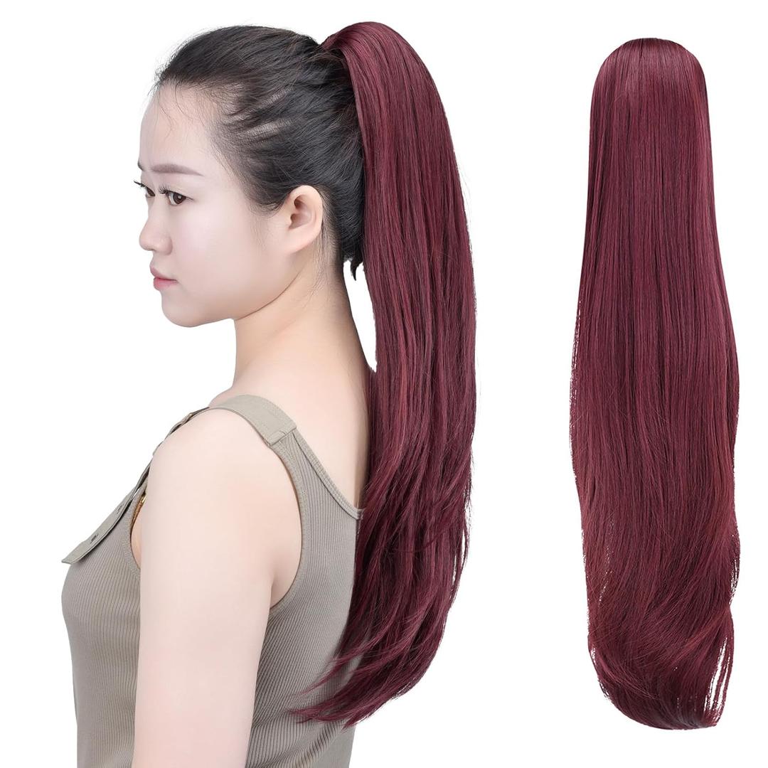 SYXLCYGG burgundy extension ponytail Yaki Straight Claw Clip Ponytails 22" 5.5 OZ Synthetic Fake Hair pieces For Women Like Real Hair Fluffy Tangled