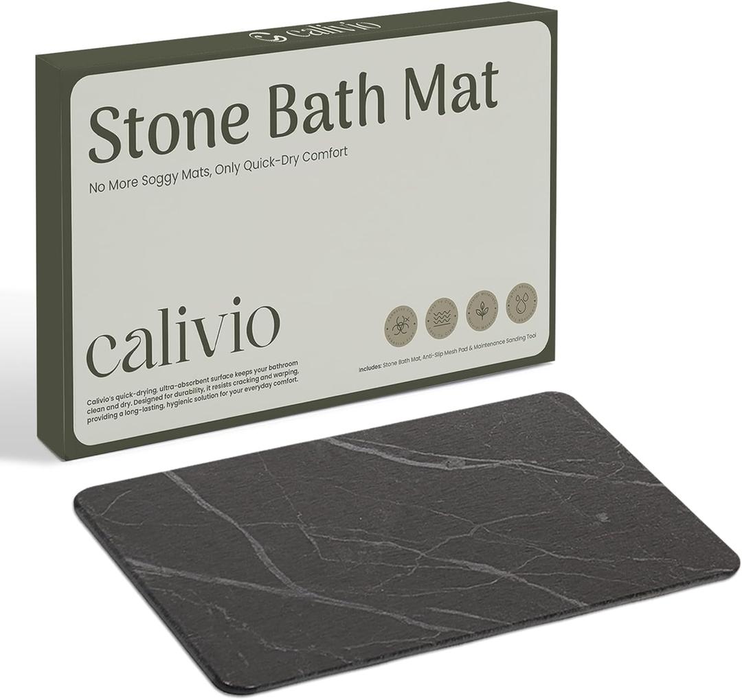 Quick Dry Shower Stone Bath Mat, Super Absorbent & Non-Slip 24 x 16 Inch Diatomaceous Earth Mat, Durable & Easy to Clean Diatomite Bath Mat for Bathroom Floor/Kitchen (Dark Gray) (Black Marble)