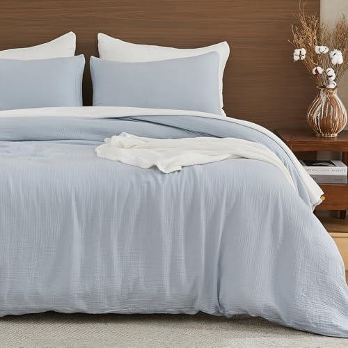 EMME Muslin Cotton Duvet Cover Set Blue Queen Size Linen Like Soft Breathable Lightweight Summer Comforter Cover Set with Zipper Closure (Blue, Queen, 90"x90")