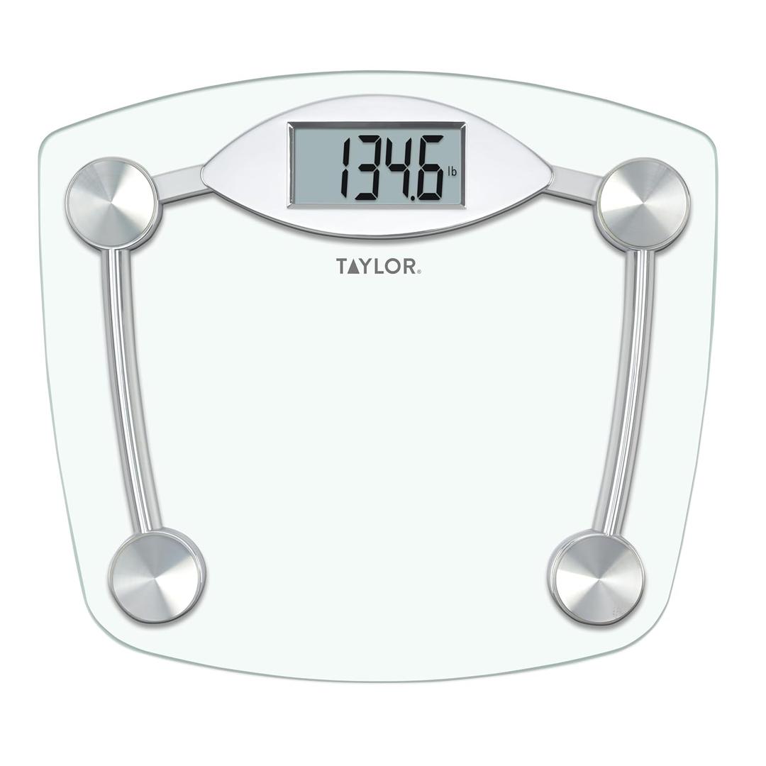 Taylor Digital Bathroom Scale, Body Weight Scale, Instant On and Off, 400 lb Capacity, Sturdy Clear Glass with Chrome-Finish Base