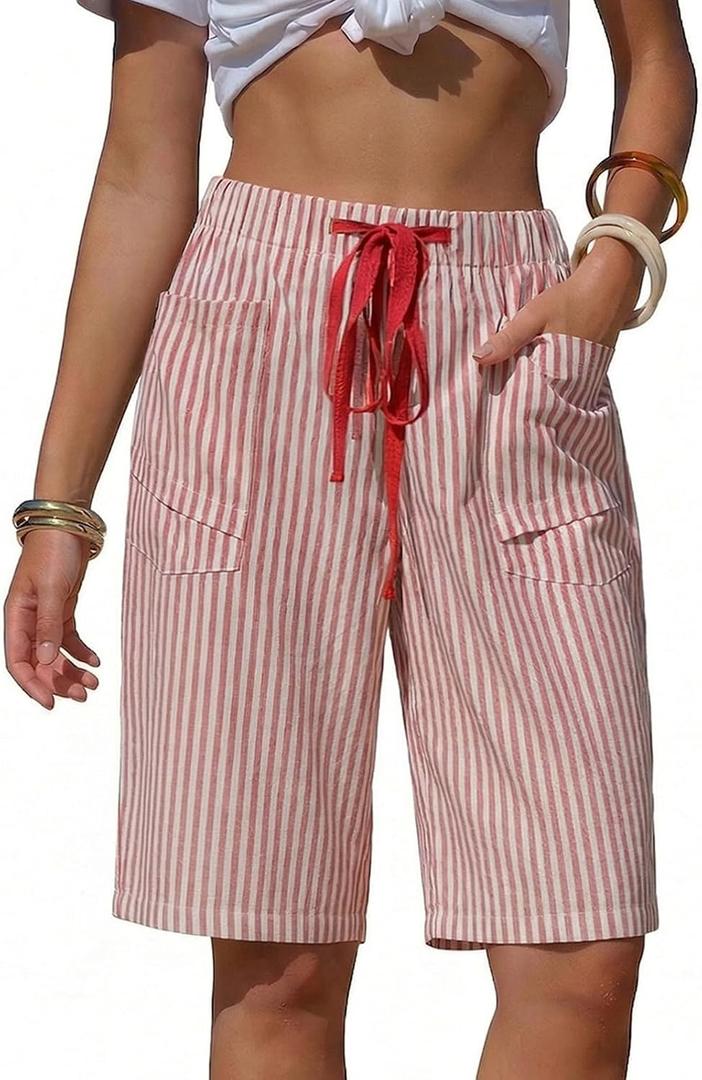 EXLURA Women's Faux Linen Striped Bermuda Shorts Casual Drawstring Elastic Waist Summer Vacation Beach Shorts with Pockets (Red), XL