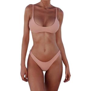 SherryDC Women's Solid Scoop Neck Push Up Padded Brazilian Thong Bikini Swimsuit Bathing Suit (X-Large, Pink)