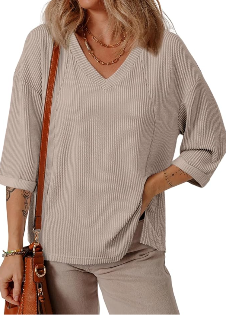 EVALESS Womens Summer Tops Trendy Dressy Casual 3/4 Sleeve Loose Solid Textured Tunic Tops Blouses Oversized T Shirts, Size: M