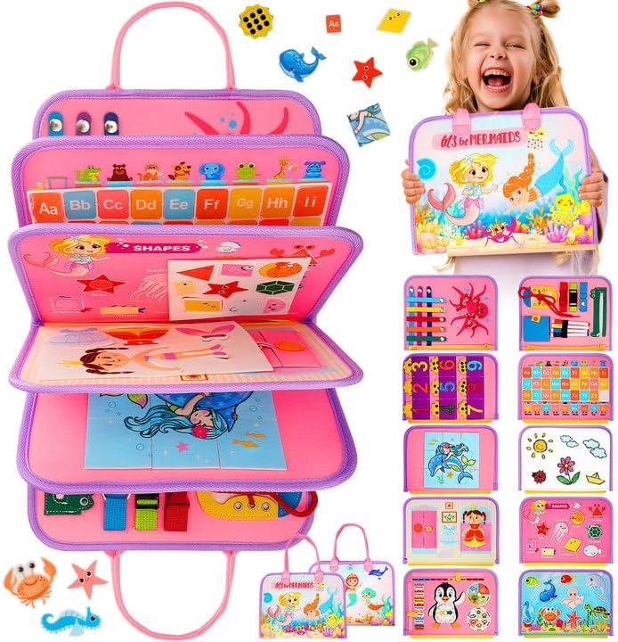 Toddler Busy Board, Montessori Toys for 1 2 3 Year Old Girl Birthday Gifts - Educational Busy Book, Kids Sensory Toy, Preschool Learning Activities and Travel Toys for Toddlers 1-3 2-4 (Mermaid - Pink)