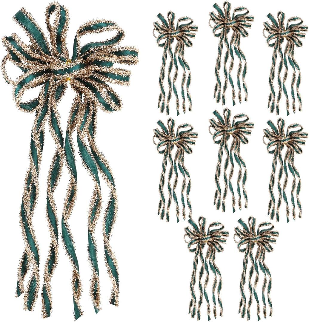 SY Super Bang 8 Pcs Green/Gold Velvet Christmas Bows for Christmas Tree Decorations Door Wreath Garland Bow Ornaments, for Gift Wrapping Wedding Home Holiday Party Decor.