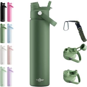 26oz Insulated Water Bottle with 2-in-1 Straw & Spout Lid,Moss Green | 18/8 Stainless Steel Vacuum Flask, Keeps Cold 24H. Leakproof Sports Tumbler with Braided Carry Strap for Gym & Travel