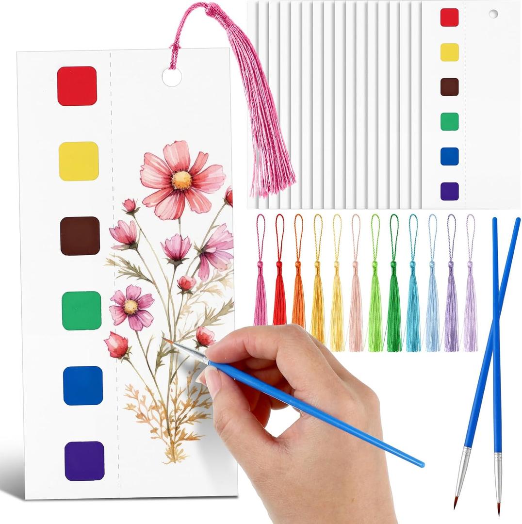 2 x Harloon 100 Watercolor Coloring Bookmarks Set 50 Sheets Blank Watercolor Painting Bookmarks 50 Colorful Tassels 5 Brushes Painting with Water Book Marks with Holes for Art Coloring Craft Exchange Gift