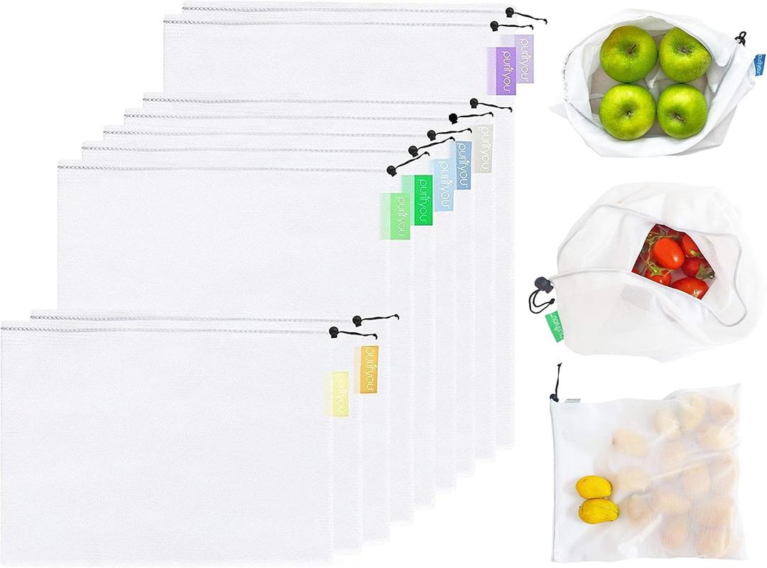purifyou Set of 9 Reusable Produce Bags, Heavy Duty Washable Mesh Grocery Bag with Drawstring, Ideal for Farmers Market, Beach, and Refrigerator Storage (Extra Large, Large, Small)