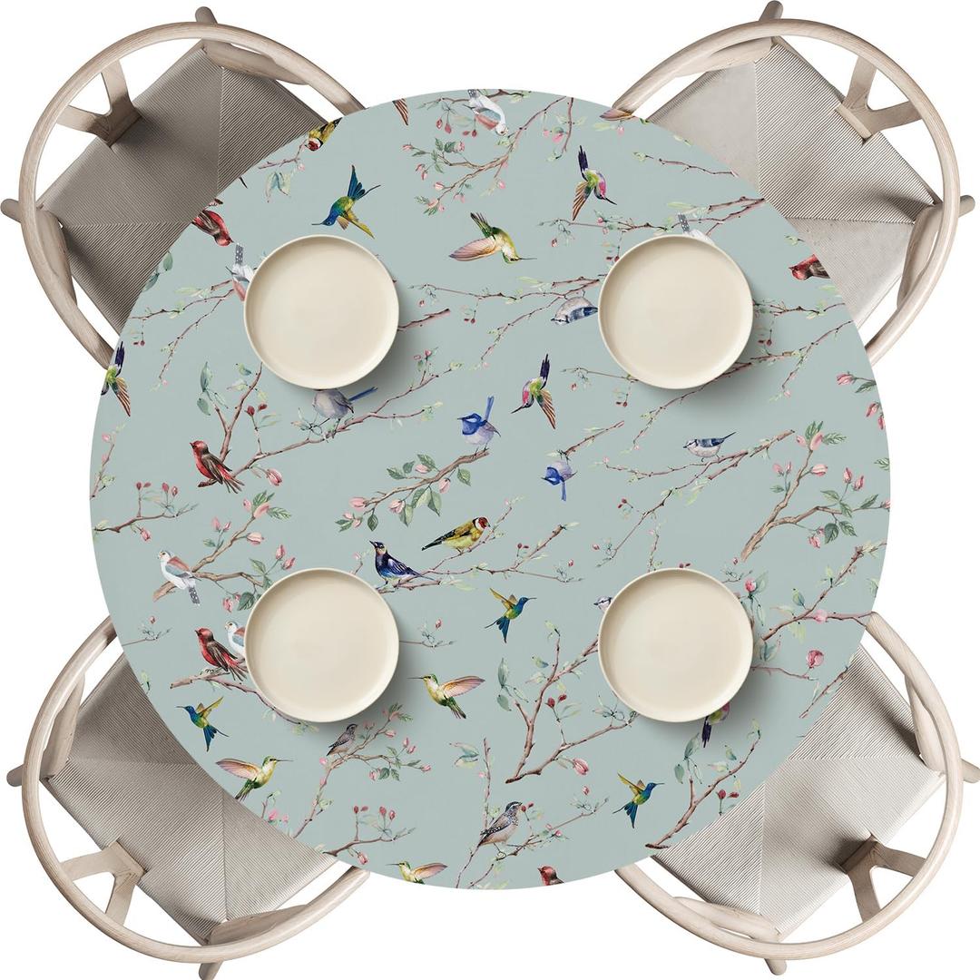 Horaldaily Spring Fitted Tablecloth 45"-56" Round, Spring Colorful Birds Branch Green Washable Table Cover Elastic Edged for Dinning, Picnic, Camping, Banquet
