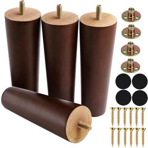 Yaliuliu Brown 8 Inches Furniture Legs Round Solid Wood Sofa Legs Replacement Legs for Cabinet Vanity Couch Chair Dresser Pack of 4