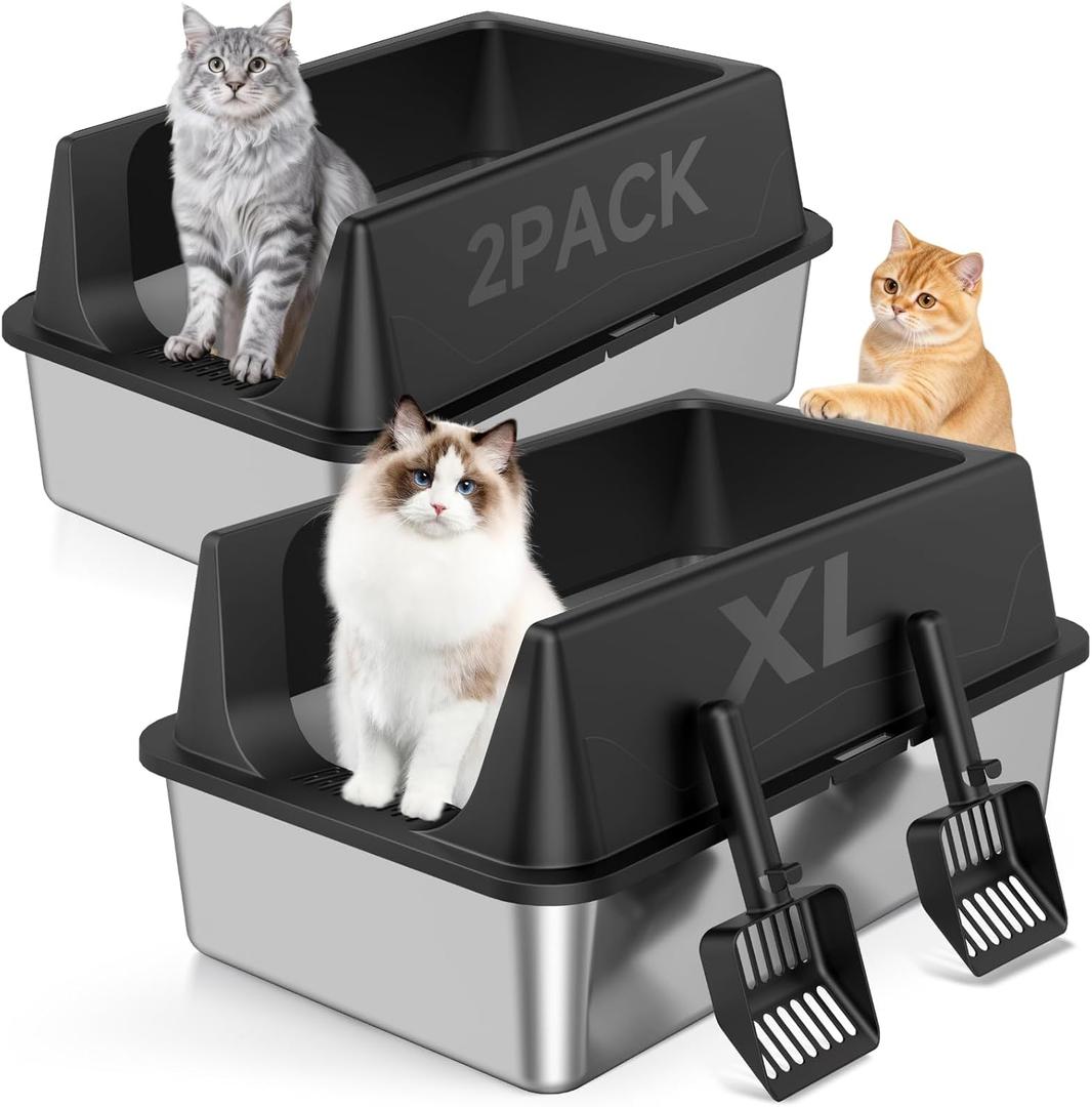 2 Pack XL Stainless Steel Litter Box with High Sides Shield for Multi Cat, Extra Large Tall Wall Open Top Deep Metal Pan for Big Cats, Anti-Leak Non-Stick Odor Control, 2 Scoops Included, Black