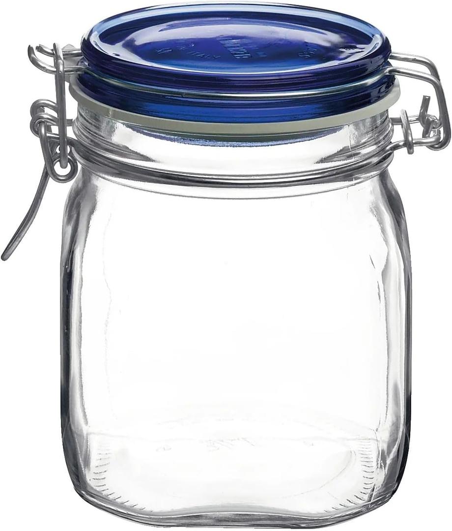 Bormioli Rocco Fido Square Jaw with Blue Lid, 25-1/4-Ounce, 149520M04121197 (25.25 fl oz, Clear)
