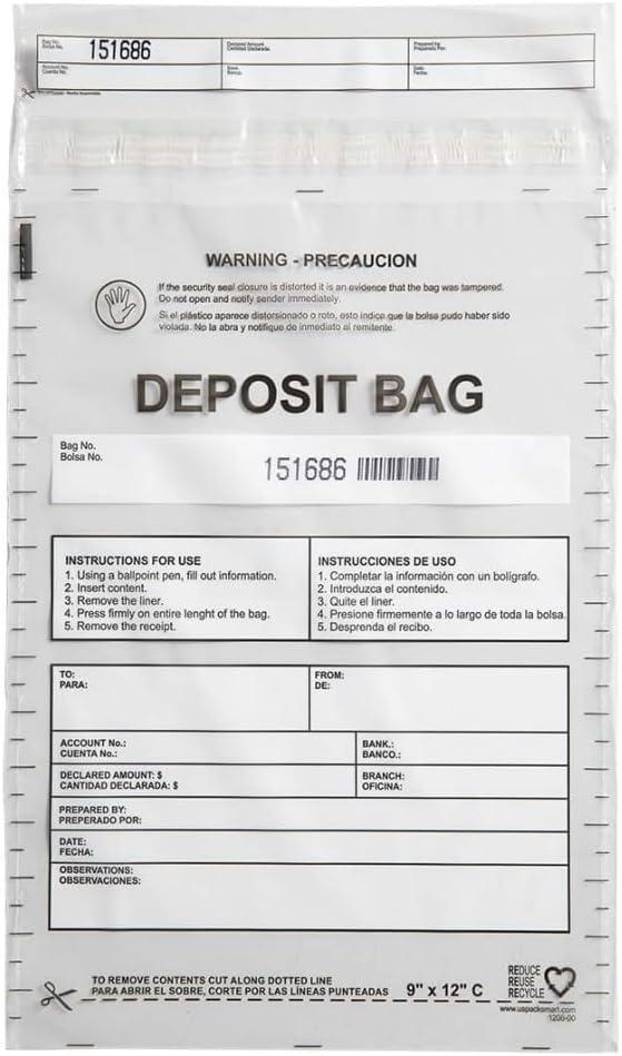 Clear Plastic Deposit Bags 9"x12" | Secure Bank Deposits, Cash Handling or Safe Currency Transportation | Sequential Barcodes | Tamper-Evident | Tear-Off Receipt for Security | 100-Pack