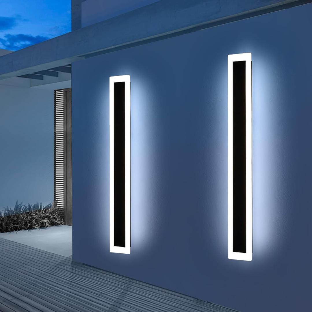 Upgrade Widened 2 Pack Long Outdoor LED Wall Light, 57inch Modern Minimalist Wall Sconces, 3 Color 3000K/4500K/6000K, 50W, IP65 Waterproof, Black Exterior Lighting Fixture for Patio, Garden, Garage