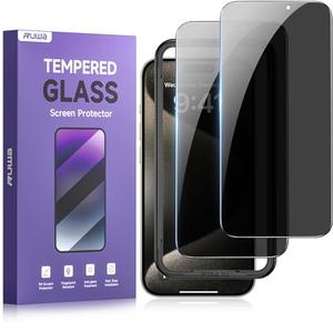 ruwa Privacy Screen Protector for iPhone 15 Pro Max[6.7 Inch][2-Pack] Anti-Peep Tempered Glass Film with Easy Installation Frame, 9H Hardness, Scratch Resistant, Case Friendly