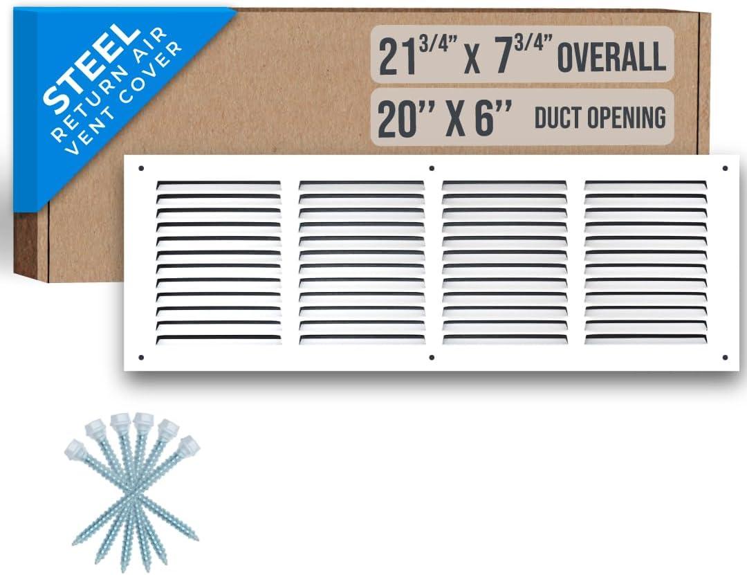 Fits 20x6 Duct Opening | Steel Return Air Grille by Handua | Vent Cover Grill for Sidewall and Ceiling | White | HVAC Cold Air Intake Grille | Outer Dimensions: 21.75"W X 7.75"