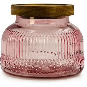 Decorative Pink Glass Jar with Airtight Wooden Lid 25.4 oz, Wide Mouth Vintage Kitchen Food Storage Container for Cookie Candy Honey Flour Spice Coffee Tea, Home Decor Sand Candle Holder Vase