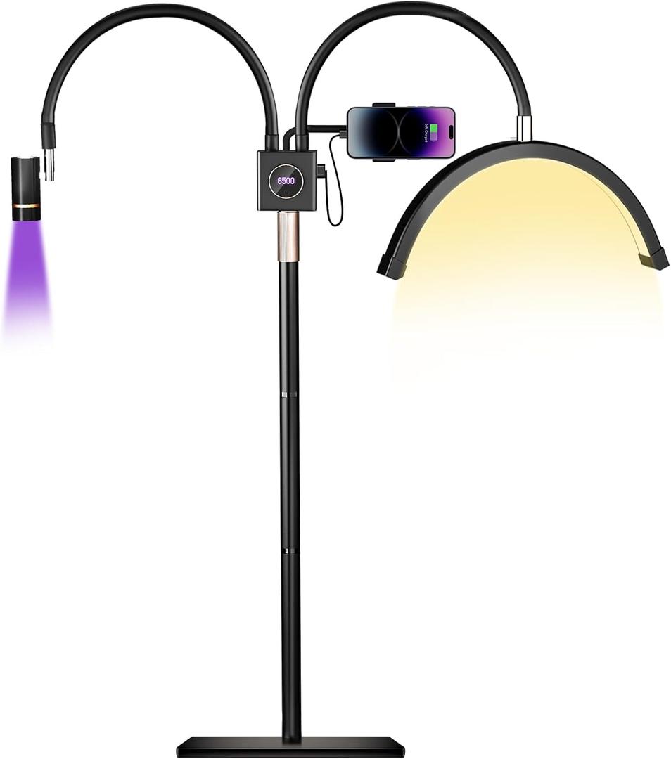 Half Moon Lash Light for Lash Tech, 3-in-1 Professional Esthetician Light with UV Lash Lamp & Phone Holder, Adjustable Height&Brightness for Tattoo,Nail Art,Skincare,Salon,Spa (Black)