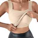 CHICME Womens U Neck Shapewear Built-in Bra Tank High Strechy Sleeveless Slim Fit Tops Camisole Workout Tops (Beige, XL)