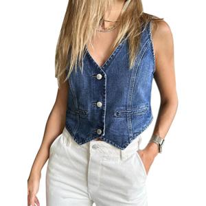 Imily Bela Womens Denim Vest Sleeveless V Neck Button Down Jean Waistcoat Jacket Y2K Summer Crop Tops (Large, Blue)
