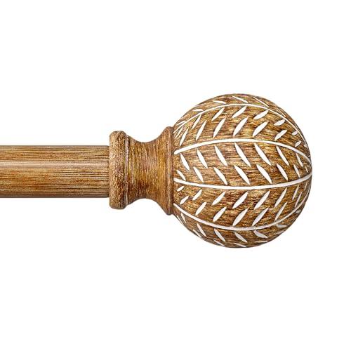 QDWIS Wood Curtain Rods for Windows 28 to 48 Inch,1'' Diameter Drapery Rods with Imitation Wood Grain Leaf Pattern Finials,Boho Adjustable Heavy Duty Curtain Rods Set,18-60'',Color:Natural Wood
