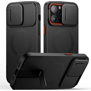 SURITCH for iPhone 14 Pro Max Case with Magnetic Camera Slide Cover and Adjustable Kickstand, Compatible with MagSafe, Shockproof Bumper Case Slim Protective Cover 6.7 Inch, Black
