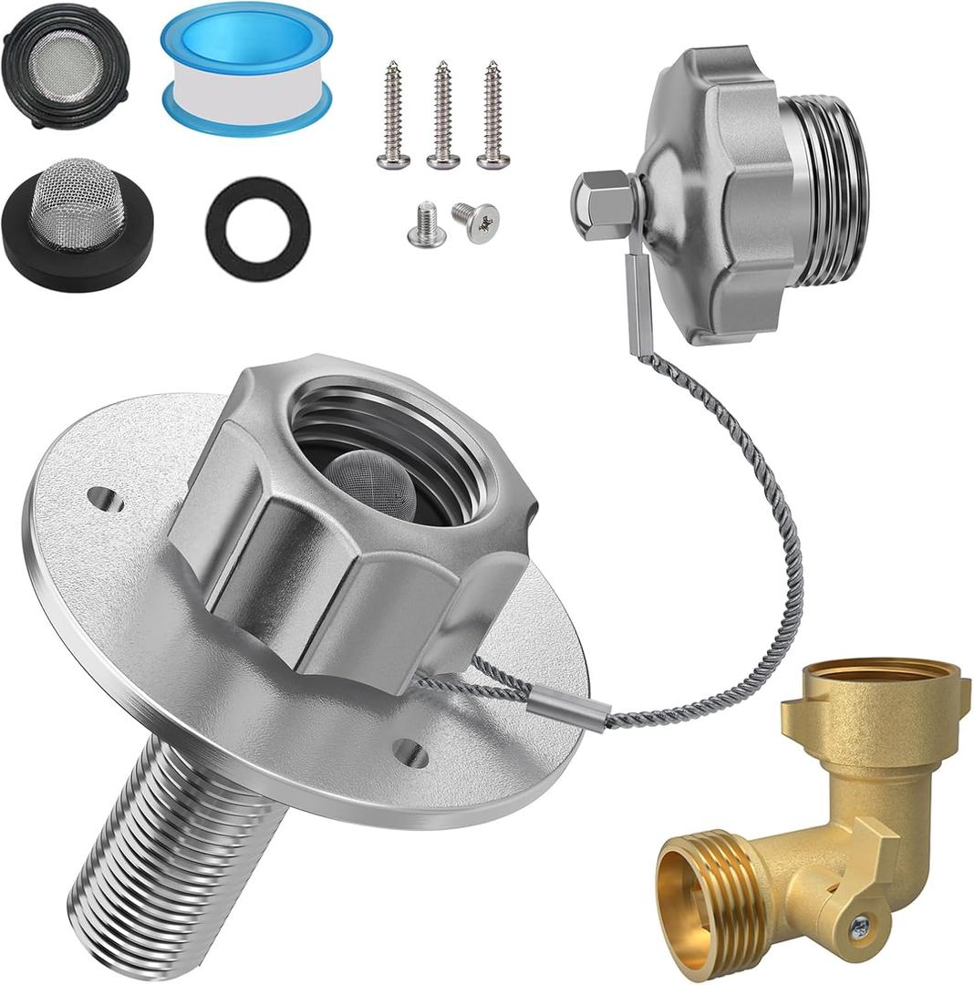 All Metal RV City Water Inlet with Check Valve, 90 Solid Brass Hose Elbow, 3/4" GHT Quick Hose Connector Stainless Steel Inlet Replacement Water Fill Inlet, for RV Camper Motorhome Trailer Marine