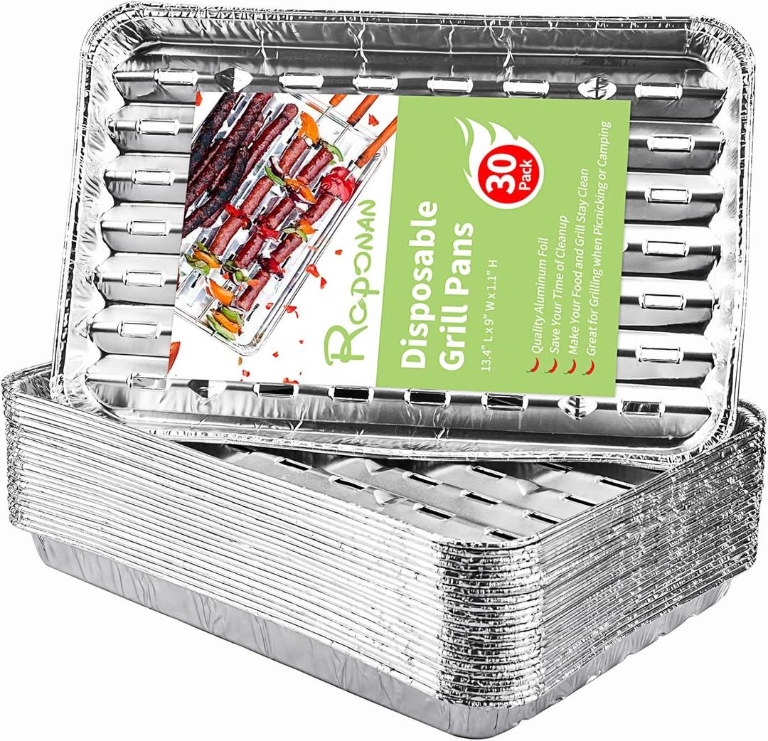 30-Pack Disposable Grill Toppers, Aluminum Foil Grill Pans with Holes, Grill Accessories for Barbecue, Outdoor Cooking and Camping (13.4"Lx9"Wx0.98"H Rectangular)