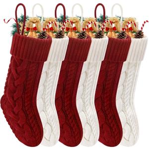 Christmas Stockings 6 Pack 18 Inches Large Size Knitted Stocking Christmas Decorations for Family Holiday Party Decor (6p-3red+3white)