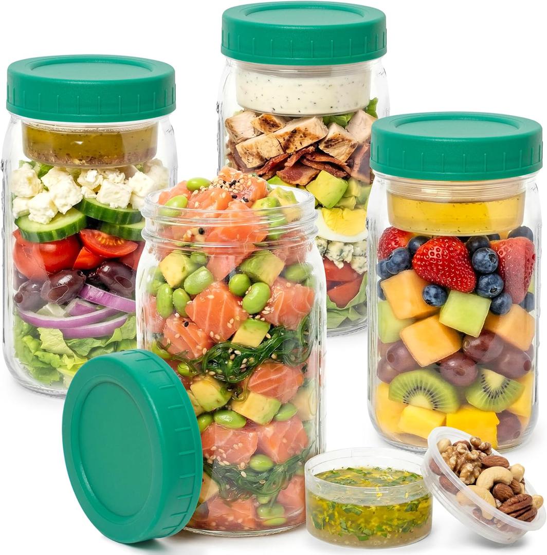 4 Pack Glass Salad Jars with Lids for Meal Prep, Leakproof Container with Two Small Built in Cups for Wet/Dry Separation for Salad Dressing and Ingredients, 32oz Mason Jars (Dark Green)