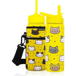 18 OZ Kids Water Bottle with Carrier Bag & Strap Leak Proof Metal Insulated Stainless Steel Tumbler with 2 Lids (Flip & Spout) for School & Sports Water Bottle with Straw - Yellow (Cat)
