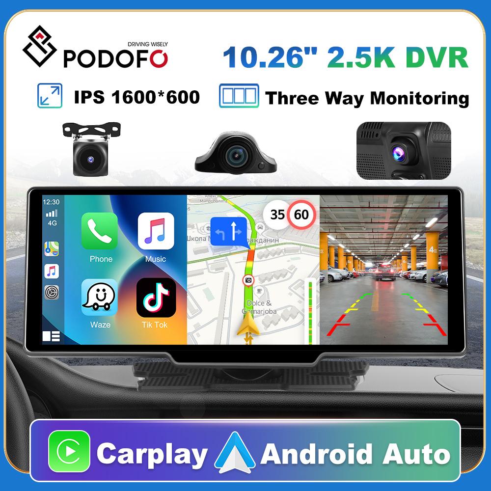 Podofo 10'' Dash Cam Rearview Camera Carplay & Android Auto 2.5K Video DVR Navigation Recorder Dashboard Car Mirror 24H Park AUX