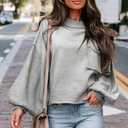 EVALESS Women's 2024 Lantern Long Sleeve Crewneck Sweater Casual Solid Color Ribbed Hem Knitwear Pullover Cropped Tops (Gray, S)