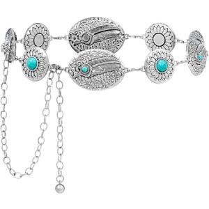 Kajeer Western Chain Belts, Women Concho Belt Turquoise Cowgirl Country Silver Country Waist Belts for Dresses Jean (43.5"(23"+extended chain 20.5"))