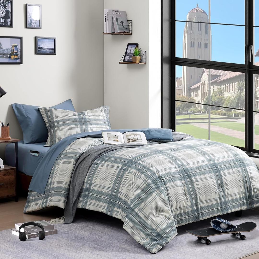 AMBERSPACE Twin XL Comforter Set, Blue Grey Plaid Bedding Set 5 Piece for Boys Girls Teen, Classic Homestead-Style Kids Comforter Set Bed in A Bag with Sheets, Pillowcase & Sham, Twin XL Size 5 Pieces