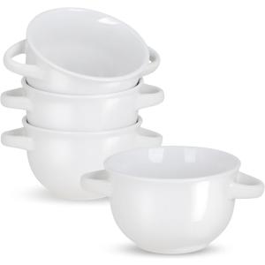 KooK Soup Bowls, French Onion Crocks, Oven Safe Dishware, Mugs, Ceramic Set, Dishwasher, Microwave, Set of 4, 18 oz (White)