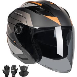 Open Face 3/4 Motorcycle Helmets for Adult Men Women, DOT Approved Dual Visor Street Bike Racing Helmet, Motorbike ATV Moped Cruiser Helmet with Gloves & Mask (Large, Matte Black Glod)