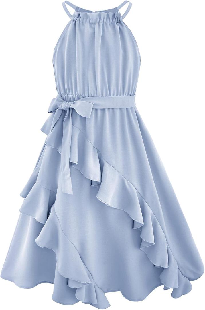 Girls Dresses Size 12-14 Light Blue Halter Neck Backless Tiered Ruffle Flowy Wedding Guest Sundress with Belt