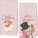 2 x Pink Christmas Kitchen Towels Set of 2, Vintage Santa Snowman Hand Towels for Bathroom, Merry Christmas Dish Tea Towels, Kitchen Bathroom Decor, 16x24 Inches